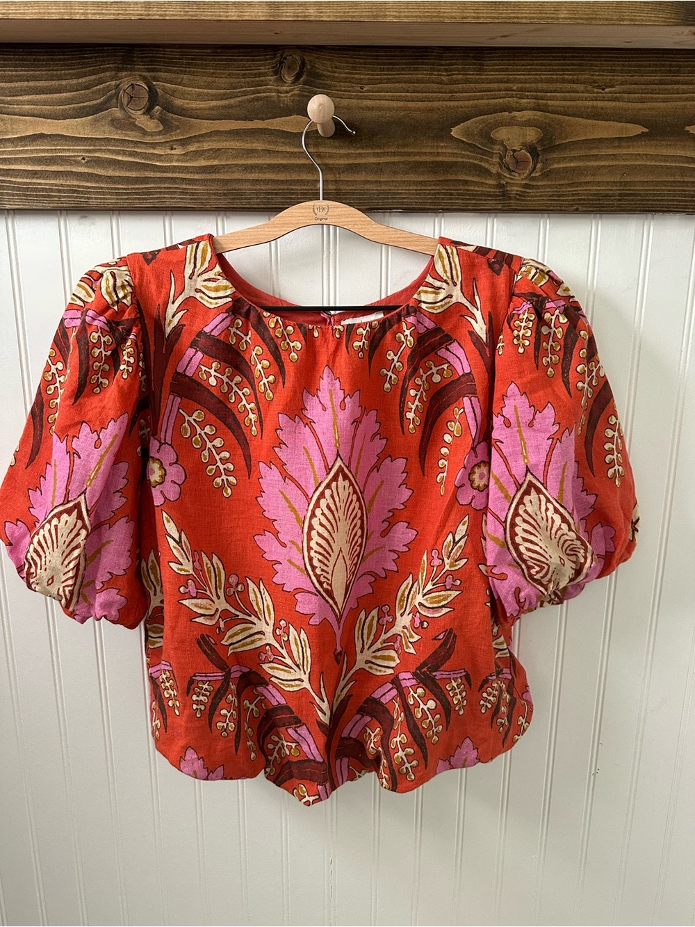 Sundance Verenia linen Puff-Sleeve floral Blouse Pink Accents elastic waist